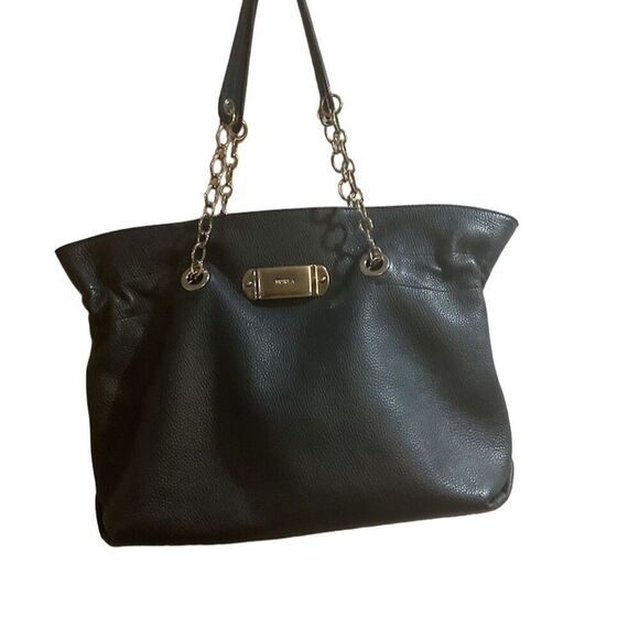 Furla Black Leather Tote Shoulder Bag with Chain Strap & Silver-tone Plaque​​ - Picture 1 of 14